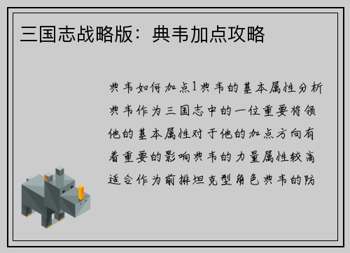 三国志战略版：典韦加点攻略